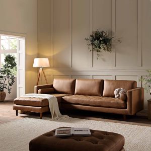 henrietta tan faux suede grand 4 seater chaise end sofa, left hand facing