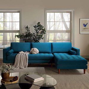 henrietta teal velvet grand 4 seater chaise end sofa, right hand facing
