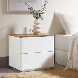 agnes curved edge 2 drawer nightstand, off white with oak top