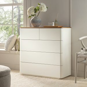 agnes curved edge 5 drawer dresser, off white with oak top