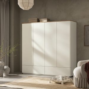 agnes curved edge 4 door closet, off white with oak top