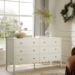 henley scalloped edge 6 drawer wide dresser, light sand