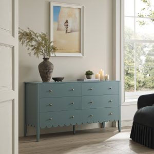 henley scalloped edge 6 drawer wide dresser, blue spruce