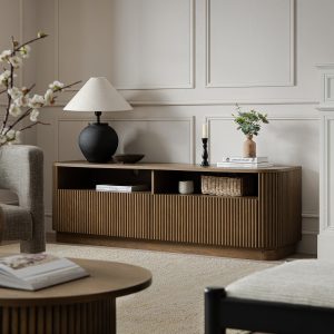 maru 64" wide media unit with drawers, silver oak