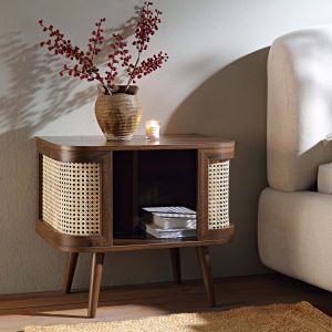 izzy curved rattan nightstand, walnut
