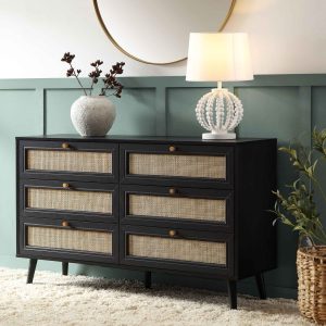 frances woven rattan 6 drawer dresser, black
