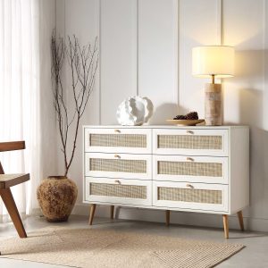 frances woven rattan 6 drawer dresser, white