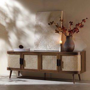 izzy curved rattan 63" wide tv unit, walnut