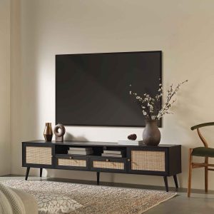 frances woven rattan 79in. wide tv unit, black