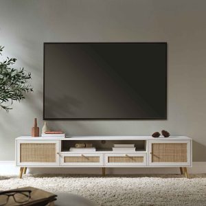 frances woven rattan 79in. wide tv unit, white