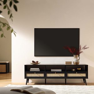 frances woven rattan 63in. 3 drawer tv unit, black