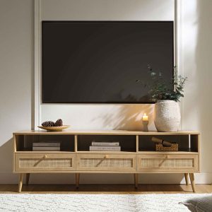 frances woven rattan 63 in. 3 drawer tv unit, natural