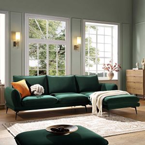 obriel forest green velvet sofa, grande chaise sofa right hand facing