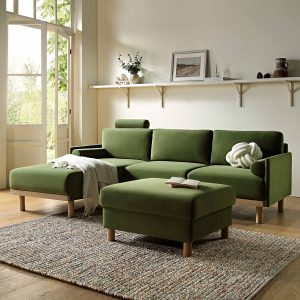 timber fern green velvet sofa, large 3 seater chaise sofa left hand facing