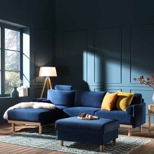 timber navy blue velvet sofa, large 3 seater chaise sofa left hand facing