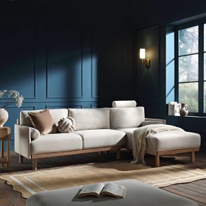 timber oatmeal fabric sofa, large 3 seater chaise sofa right hand facing