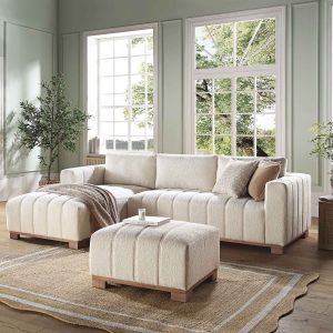 belsize beige boucle sofa with wooden base, large chaise left hand facing