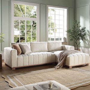 belsize beige boucle sofa with wooden base, large chaise right hand facing