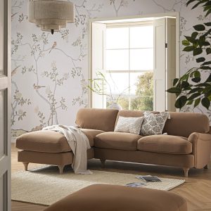 daphnis camel velvet sofa, grande chaise sofa left hand facing