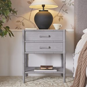 elstowe faux bamboo 2 drawer nightstand, warm gray